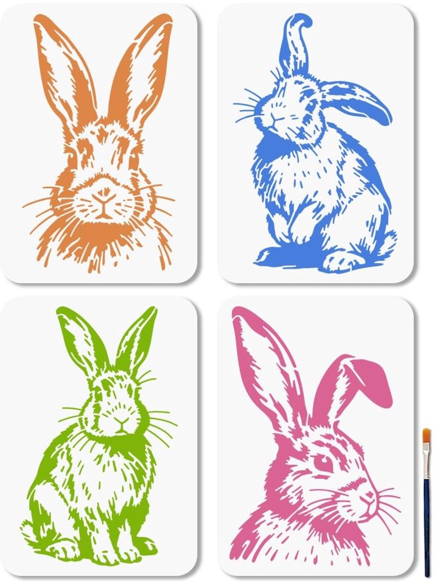 MTTproducts- Hazensjabloon 4 stuks - Realistische Schildersjablonen - Kunststof - 29,7 x 21 cm - Schattige Dierentekensjabloon - Inclusief Penseel