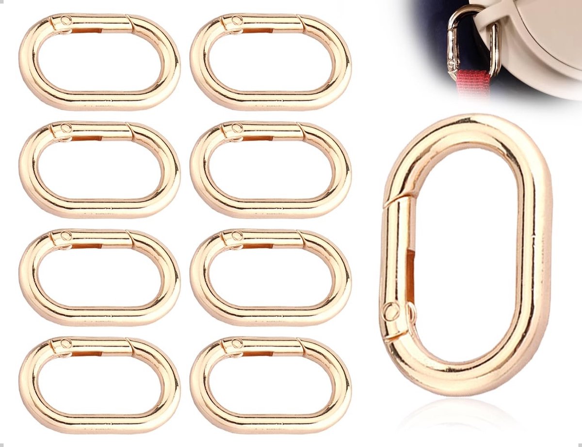 MTTproducts- Karabijnhaken Set van 8 - Ovale Sleutelhangers - Veergespen voor Portemonnee - Klimgesp - Voor Reizen/Vissen/Kamperen - Gouden Ontwerp - Sleutelhanger