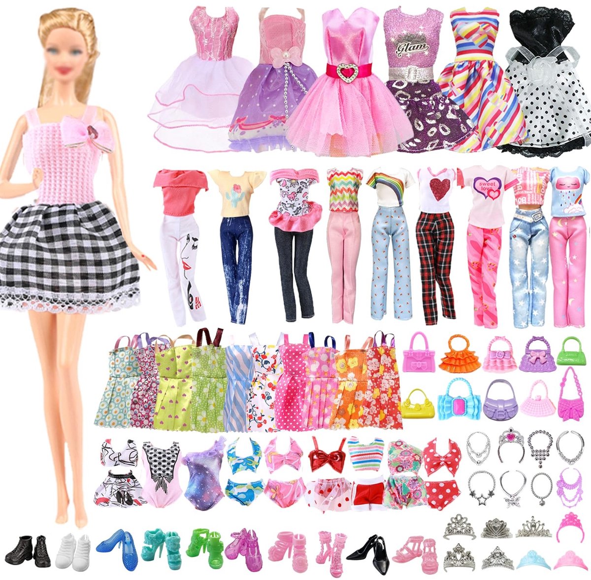 MTTproducts- Jurken Modieuze Set - Korte Mouwen - Halterjurk - Badpak - Poppenkleding 30 cm - Handgemaakt - 42 Artikelen