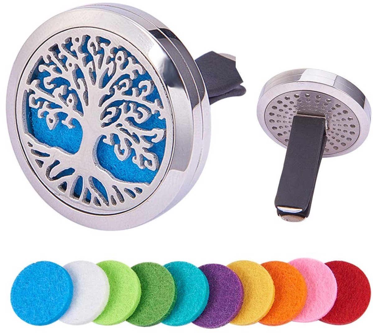 MTTproducts- Luchtverfrisser Auto Aromatherapie - Essentiële Olie Diffuser - RVS Medaillon - Vent Clip - 10 Wasbare Vilt Pads - Waterdicht