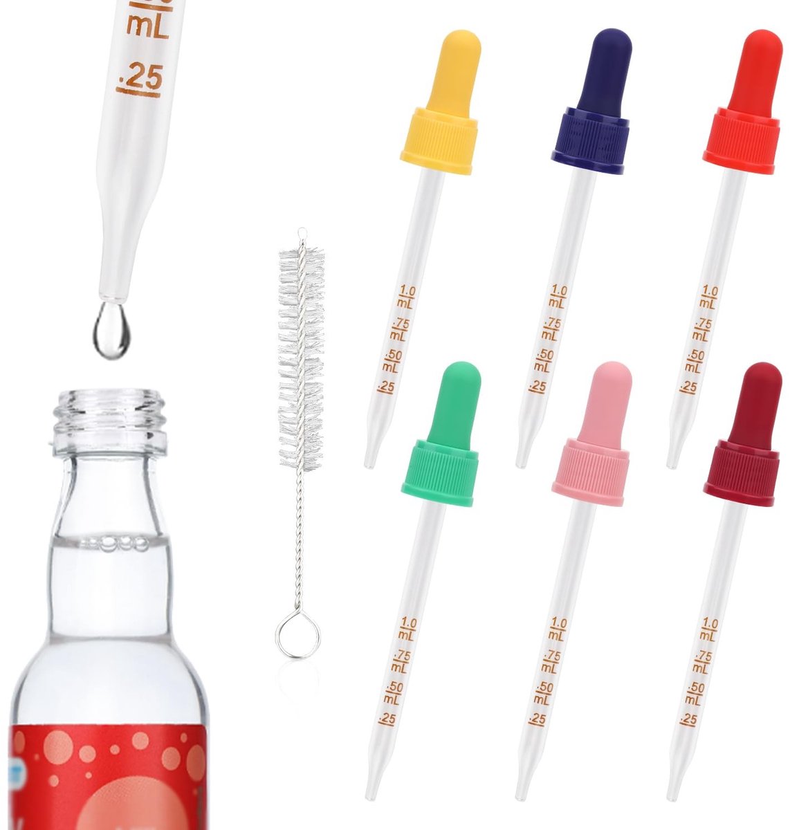 MTTproducts- Druppelpipetten 6 Stuks - Glazen Pipetten met Maatverdeling - Reinigingsborstel - Multi-kleur - 13,5x2cm - Geschikt voor Vloeistoffen