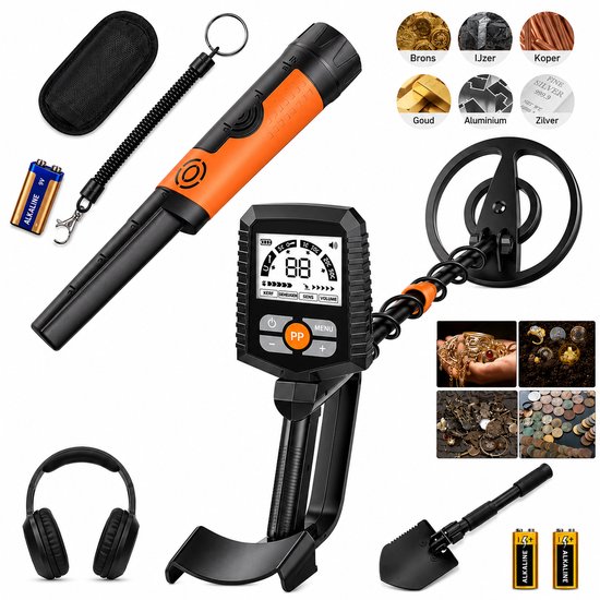 Gedetailleerde weergave van een metaaldetector met pinpointer, hoofdtelefoon, scherpe 9V batterij, en accessoires. Bevat ook afbeeldingen van verschillende metalen en schatten.