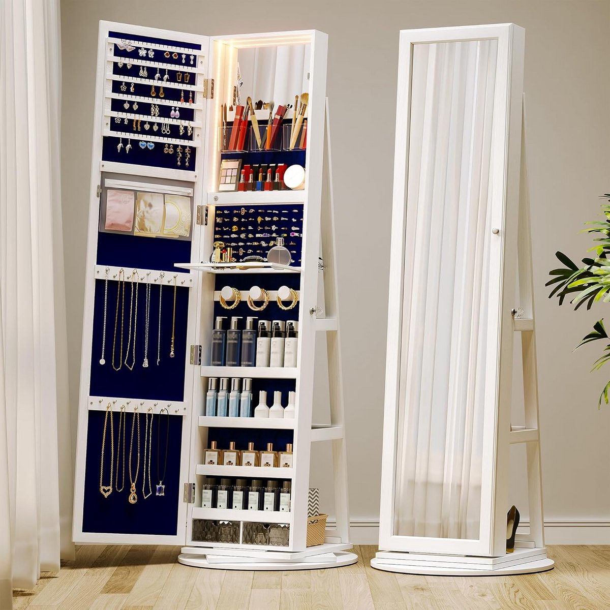 Draaibare Sieradenkast met Full-Body Spiegel en LED Verlichting - Afsluitbare Make-upkast met Veel Opbergruimte