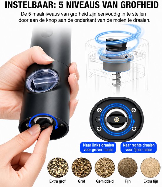 Close-up van een hand die de instelknop aan de onderkant van een zwarte elektrische pepermolen draait voor grof tot extra fijn malen.