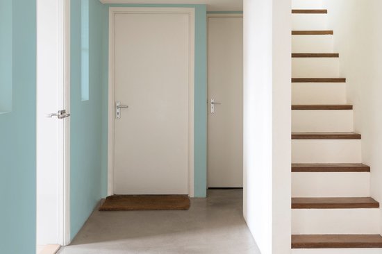 Hal met lichtblauwe muur, witte deuren en houten trap.