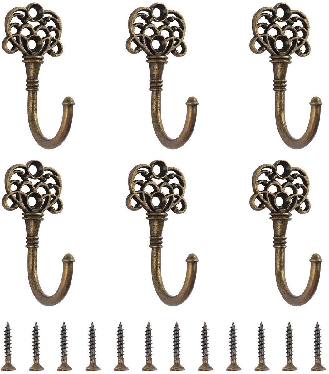 Cosensi- Wandhaken Antiek Messing - 6 Stuks - Retro Haken - Zinklegering - Ophangen van Sleutels/Kleding - Duurzaam en Stevig - Haak