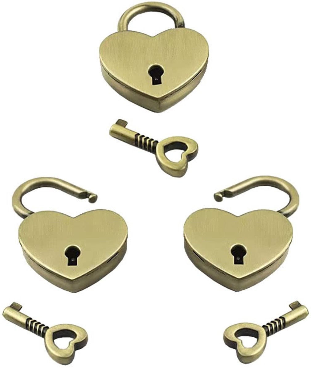 Cosensi- Hangslot Mini - 3 Stuks - Hartvorm - Sleutel - Antiek - Legering - 30 x 39 mm - Hartslot