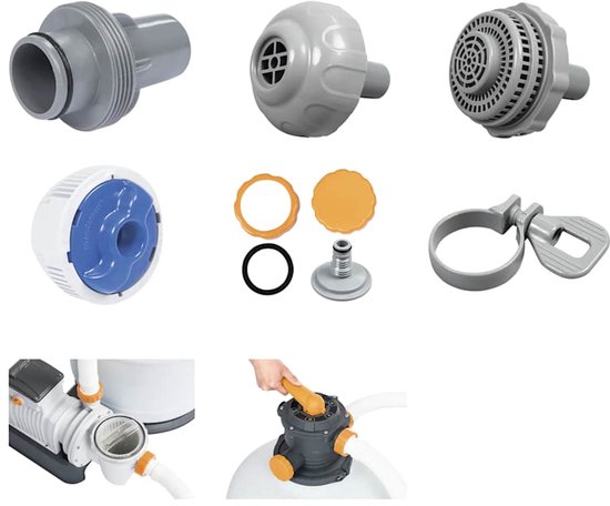 Set van diverse zwembadonderdelen: adapters, ringen, filterdelen en pomp met tank.