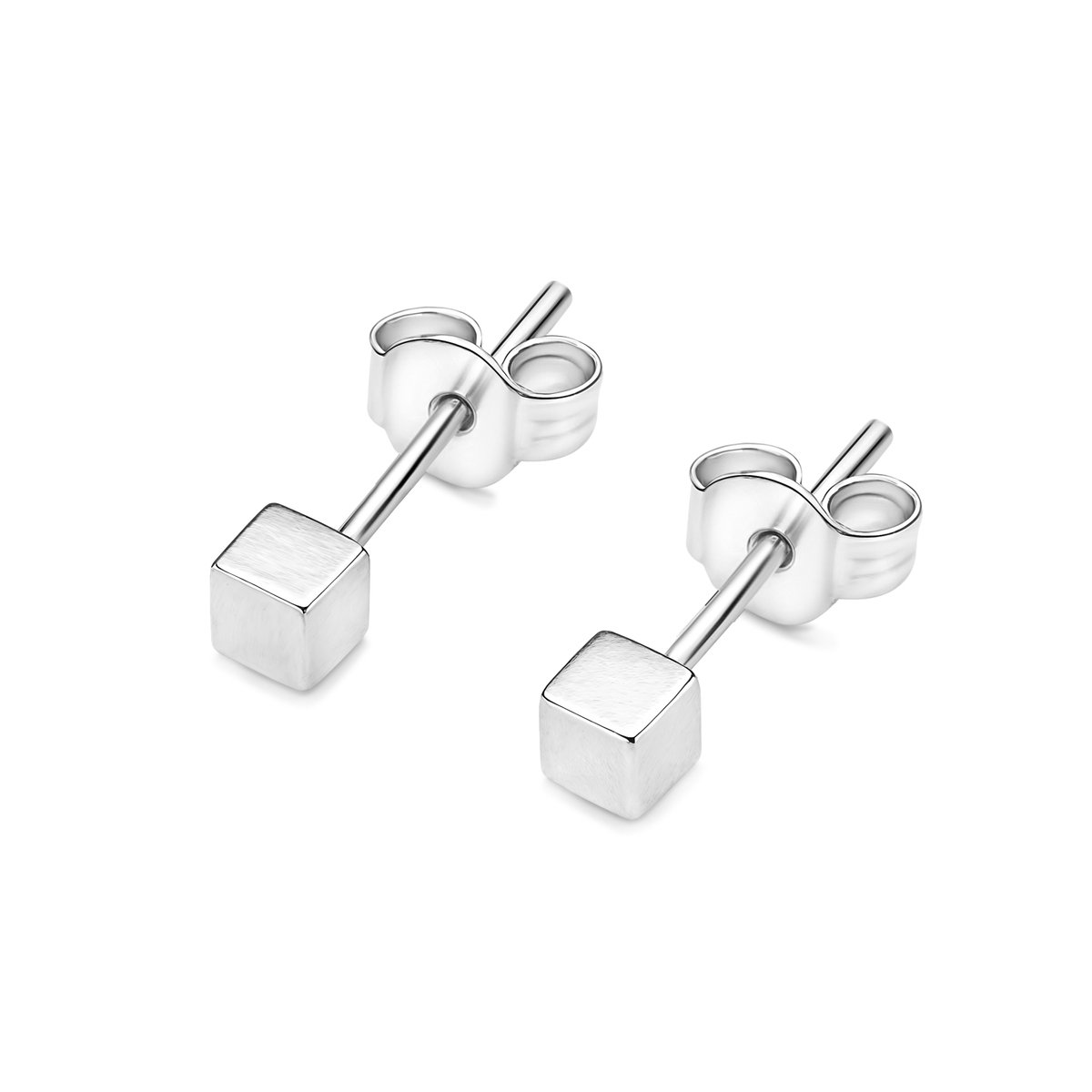 14kt - Witgouden Oorstuds met Kubus Top 4 mm - 0,8 mm Staaf Dikte - 14 Karaat Gouden Oorbellen voor Dames - Moderne Oorknopjes - Echt Goud (585) - Inclusief Echtheidscertificaat