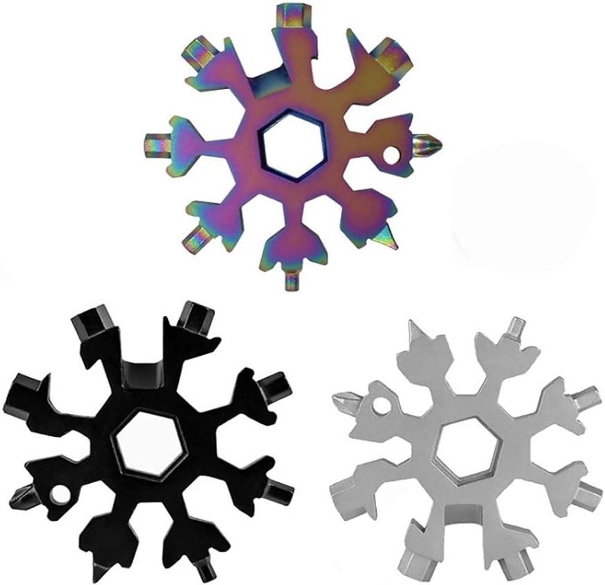 Multitool Sneeuwvlok - Gadget Gereedschap - Buitenactiviteiten Reparatie - Roestvrij Staal - 3 Stuks - Zwart Wit Veelkleurig