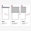 Instructies voor het openen, sluiten en vergrendelen van de witte jaloezieën.