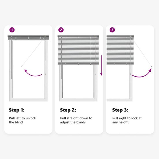 Instructies voor het openen, sluiten en vergrendelen van de witte jaloezieën.