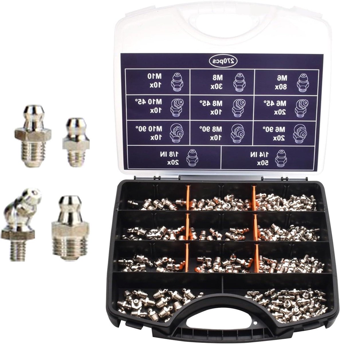 Smeernippelset - Vetnippel assortiment - Machine onderhoud - 270-delig - M6 M8 M10 - Verzinkt