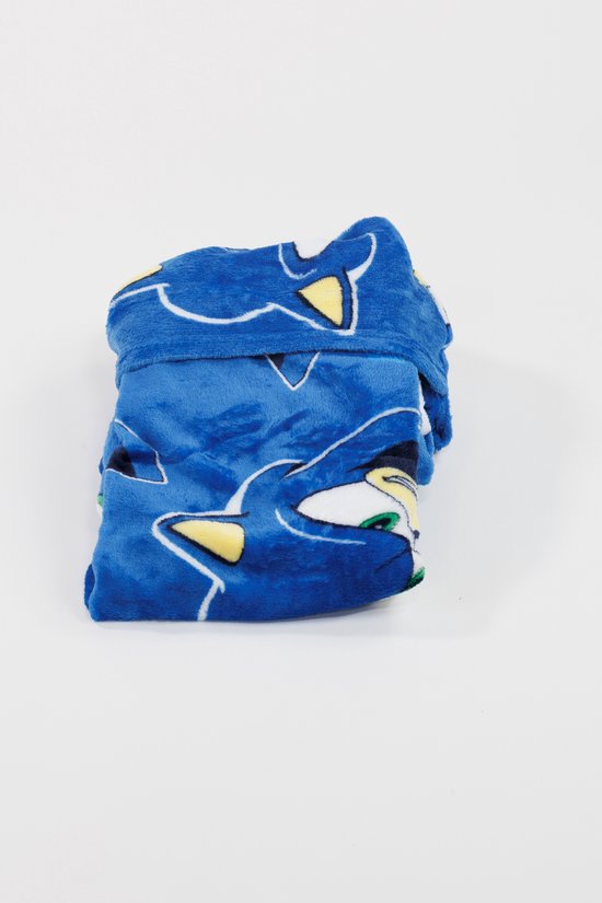 Blauwe flanellen deken met capuchon, bedrukt met de afbeelding van Sonic the Hedgehog.