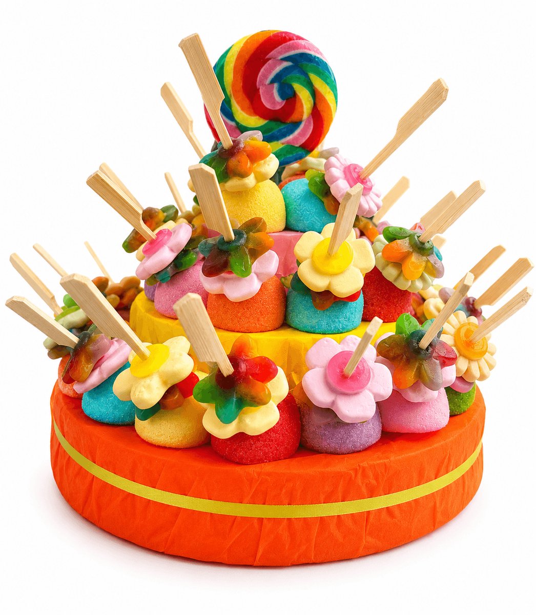 Snoeptaart - Fleurige kleuren - Kinderfeestje - Uitdeelcadeau - 30 traktaties - In cadeauverpakking met gekleurd krullint