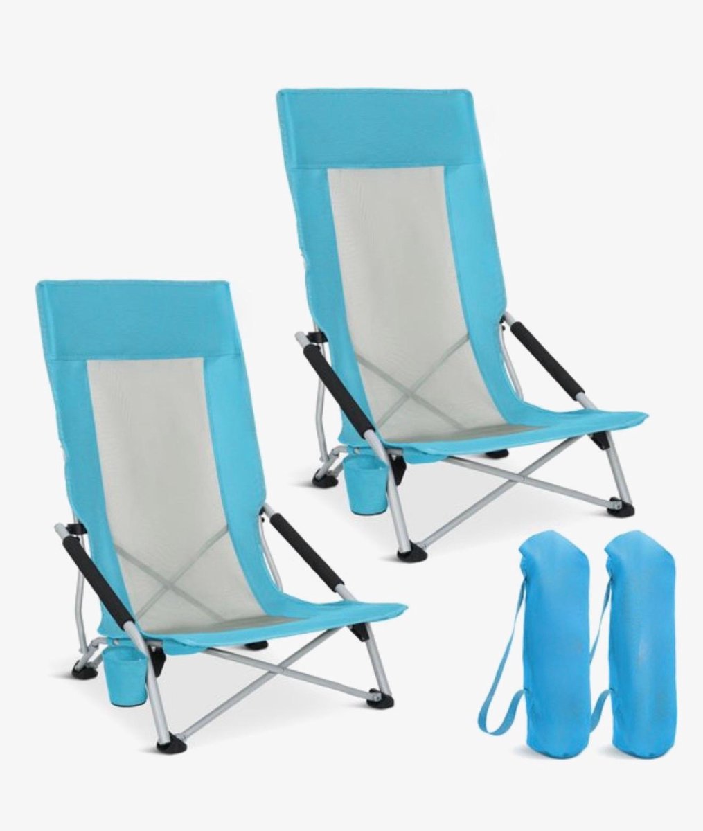 BIXc® - Strandstoel - Inklapbaar en Opvouwbaar - 130KG Draagkracht - Lichtgewicht - Met Draagtas en Bekerhouder - Hoge Leuning - Blauw