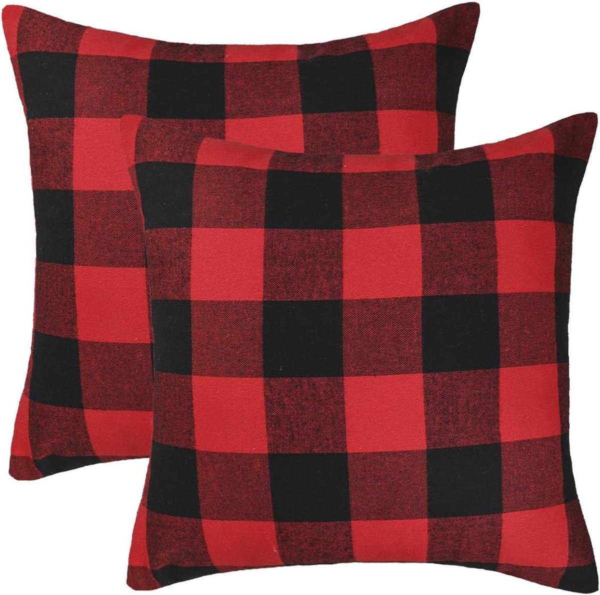 Set van 2 Kerst Kussenslopen Geruit Rood en Zwart - 50x50 cm