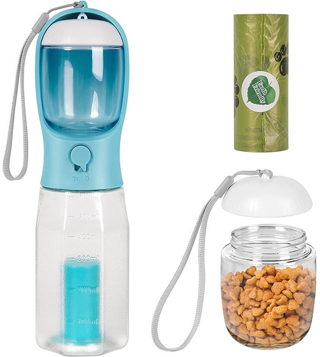 3-in-1 drinkfles voor huisdieren inclusief voerbak | Lekvrij ontwerp met poepzakjesdispenser