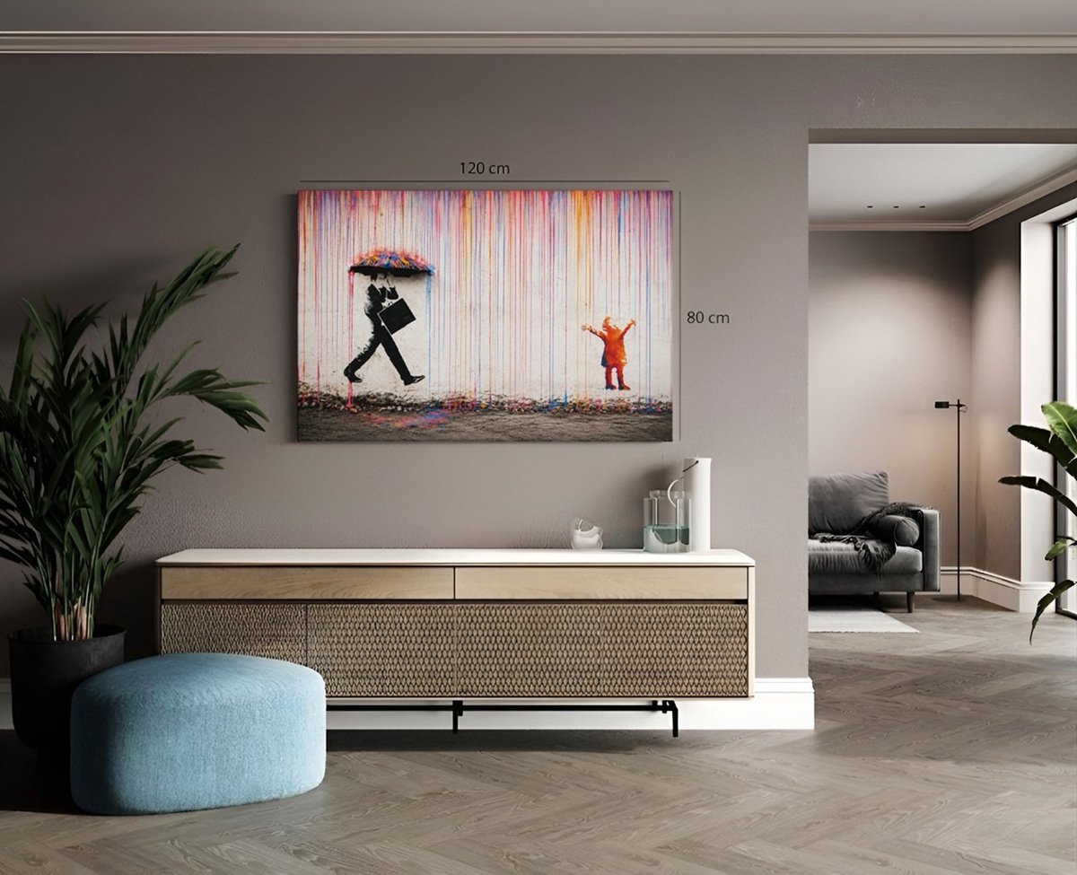 Trendex Global Canvas Schilderij - Banksy - Kleurrijke Regen - Muur Kunst - 150x100x2 cm