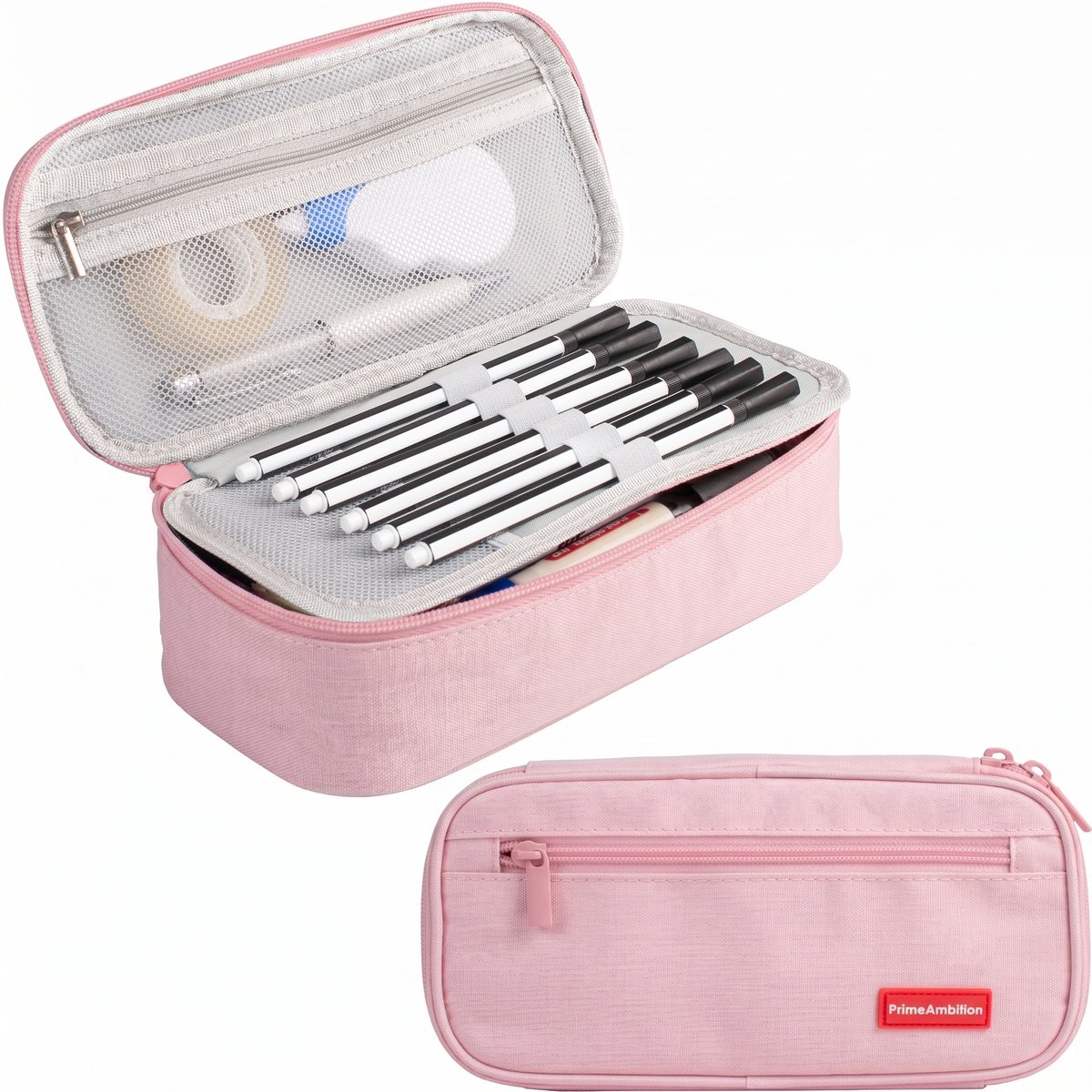 PrimeAmbition Etui - Roze - Groot - 22x12x7cm - Voor School, Jongens, Meisjes & Volwassenen - Pennenzak - Pennenetui