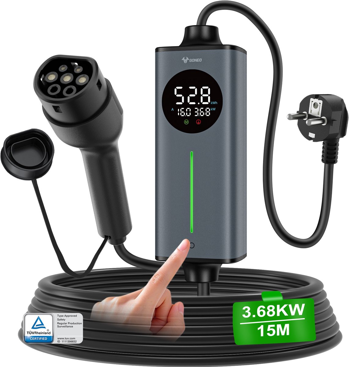 Mobiele Thuislader Type 2 vanaf stopcontact – 3,7 kW 15m 16A Elektrische auto oplader – Instelbare laadstroom - Timer - Temperatuurcontrole & Aardingsbeveiliging
