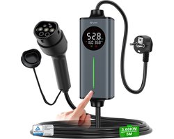 Mobiele Thuislader Type 2 vanaf stopcontact – 3,7 kW 5m 16A laadkabel auto – Instelbare laadstroom - Timer - Temperatuurcontrole & Aardingsbeveiliging