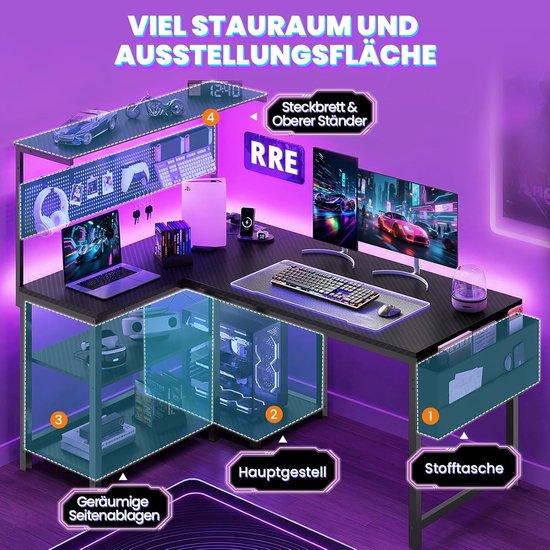Gaming Bureau L-vorm - Hoekbureau Computerbureau - Thuiswerken Gamers - Met LED Stopcontact - 120 x 80 cm - Koolstofvezel Zwart — afbeelding 4
