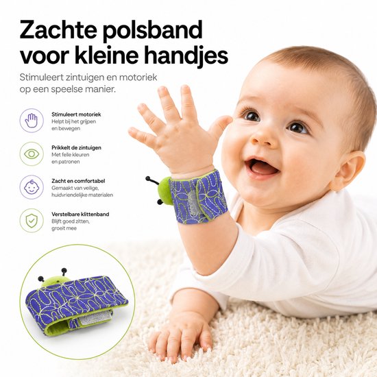 Zachte polsband met lieveheersbeestje-applicatie in paars met grafische print. Groen, zwart-wit gestreept lijfje, oranje vleugels.