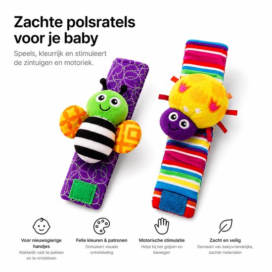 Paarse polsratel met groene bij-applicatie en felgekleurde, gestreepte polsratel met gele lieveheersbeestje-applicatie.