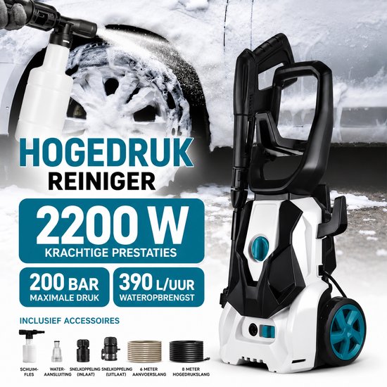 Rolu Hogedrukreiniger - Terrasreiniger - 200 Bar - 2200 W - Wateropbrengst 390 l/u - Foam Sprayer - Verstelbare Sproeikop - Geschikt Voor Auto - Fietsen - Terras van rolu — afbeelding 4