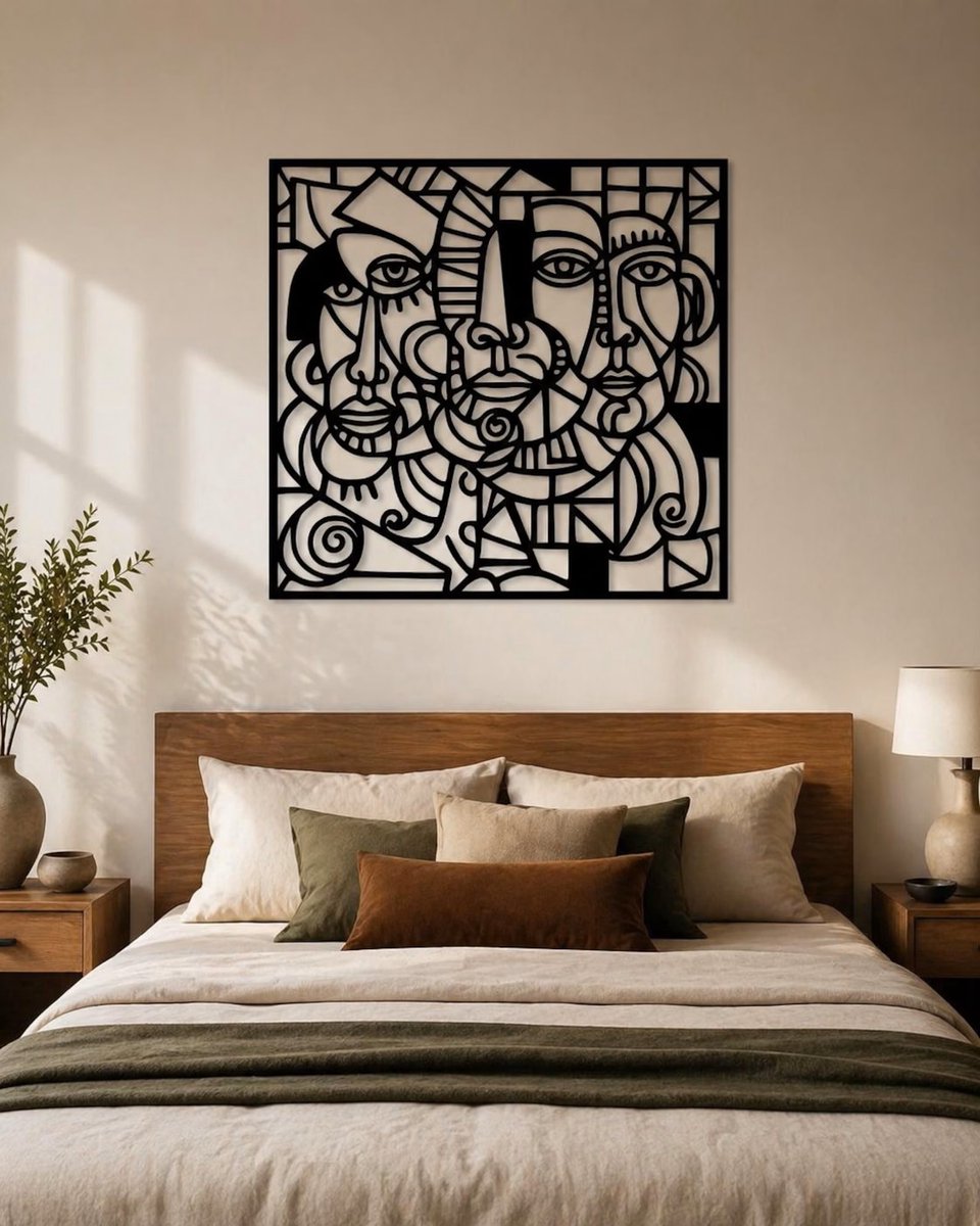 Picasso Abstracte Houten Wanddecoratie Gezicht 50x65 cm – Moderne Zwarte Muurdecoratie Kubistische Kunst