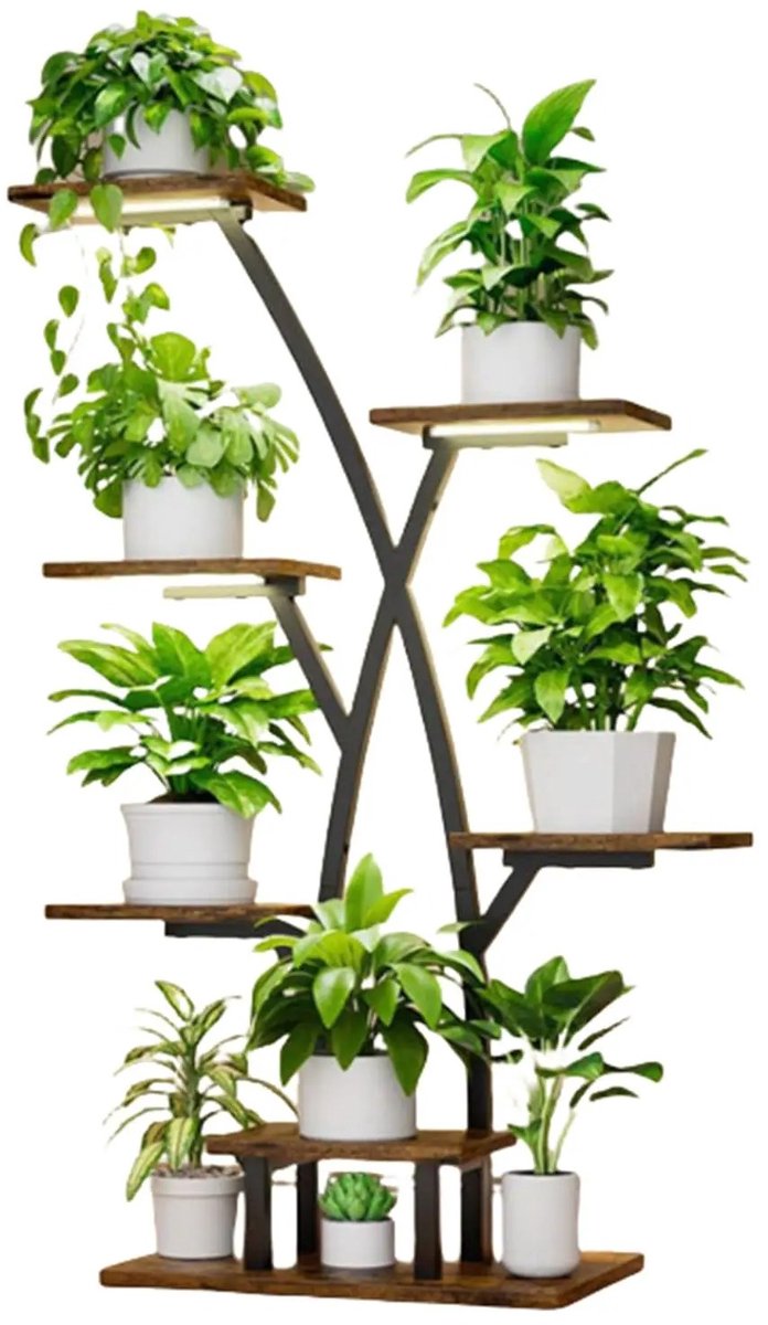 M-Goods - Plantenstandaard met Kweeklampen - 7 Laags Plantenrek - Plantentafel Binnen - Met LED Groeilampen - Metaal & Houtlook
