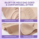 Details van een beige strapless bh: verstevigde zijkanten, 3-haaks sluiting, dubbele siliconenrand en voorgevormde cups.