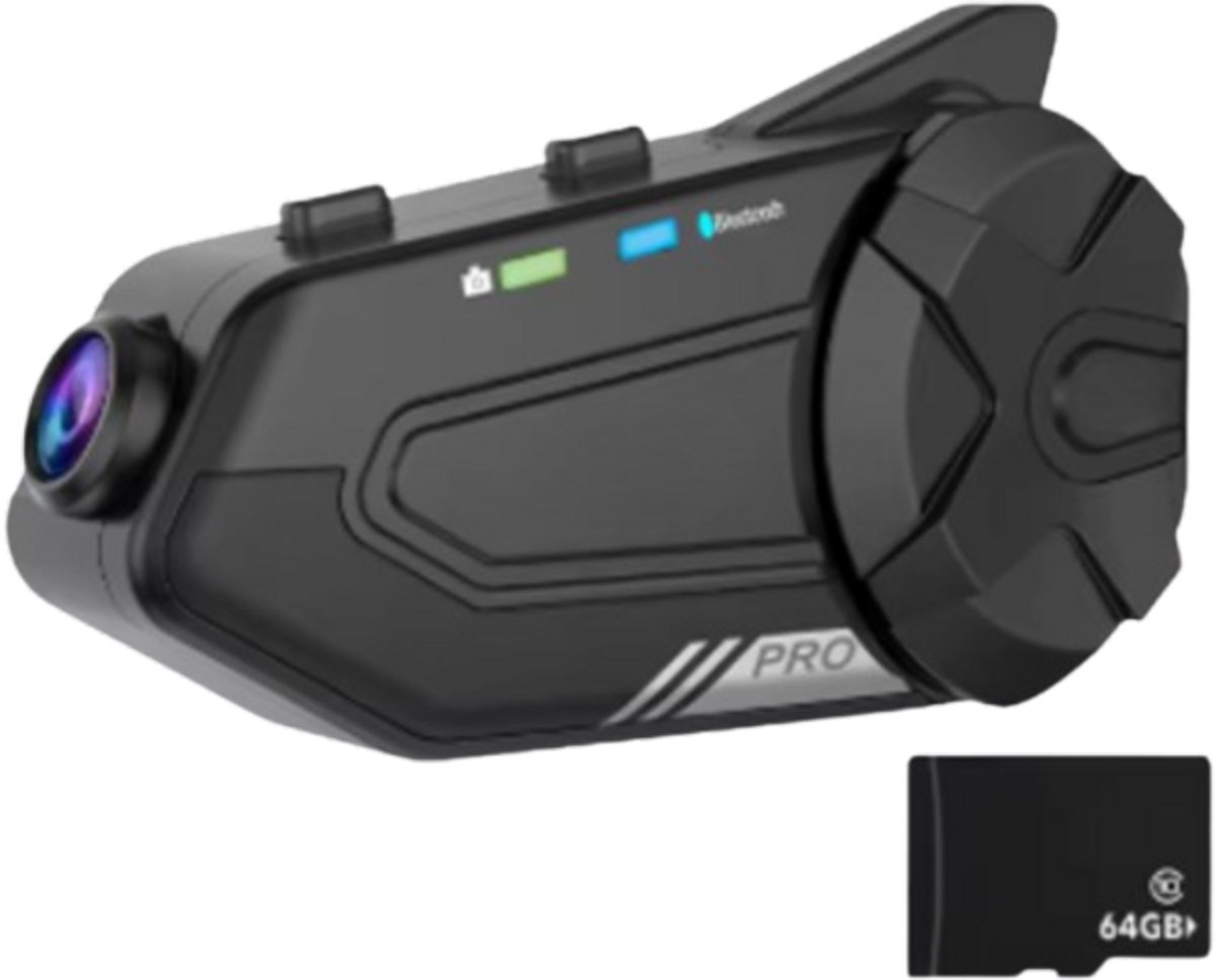 Motorhelm Intercom Met 1080P Full HD Dashcam - Bluetooth Headset - Tot 1000M Bereik - WiFi App DVR Bediening - 64GB Opslag - Noise Cancelling - Voice Control - Waterdicht - FM Radio - 1500mAh Batterij - Ideaal Voor Toerritten En Groepscommunicatie