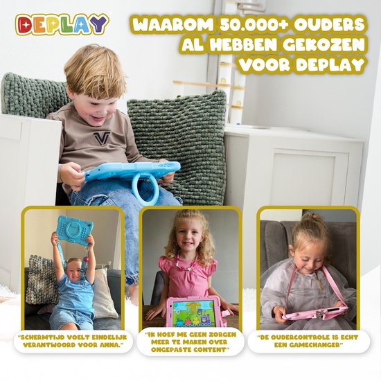 Jongetje speelt met blauwe tablet, meisje met roze tablet, ander meisje met roze tablet