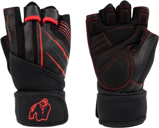 Zwarte fitnesshandschoenen met rode accenten en Gorilla Wear logo.