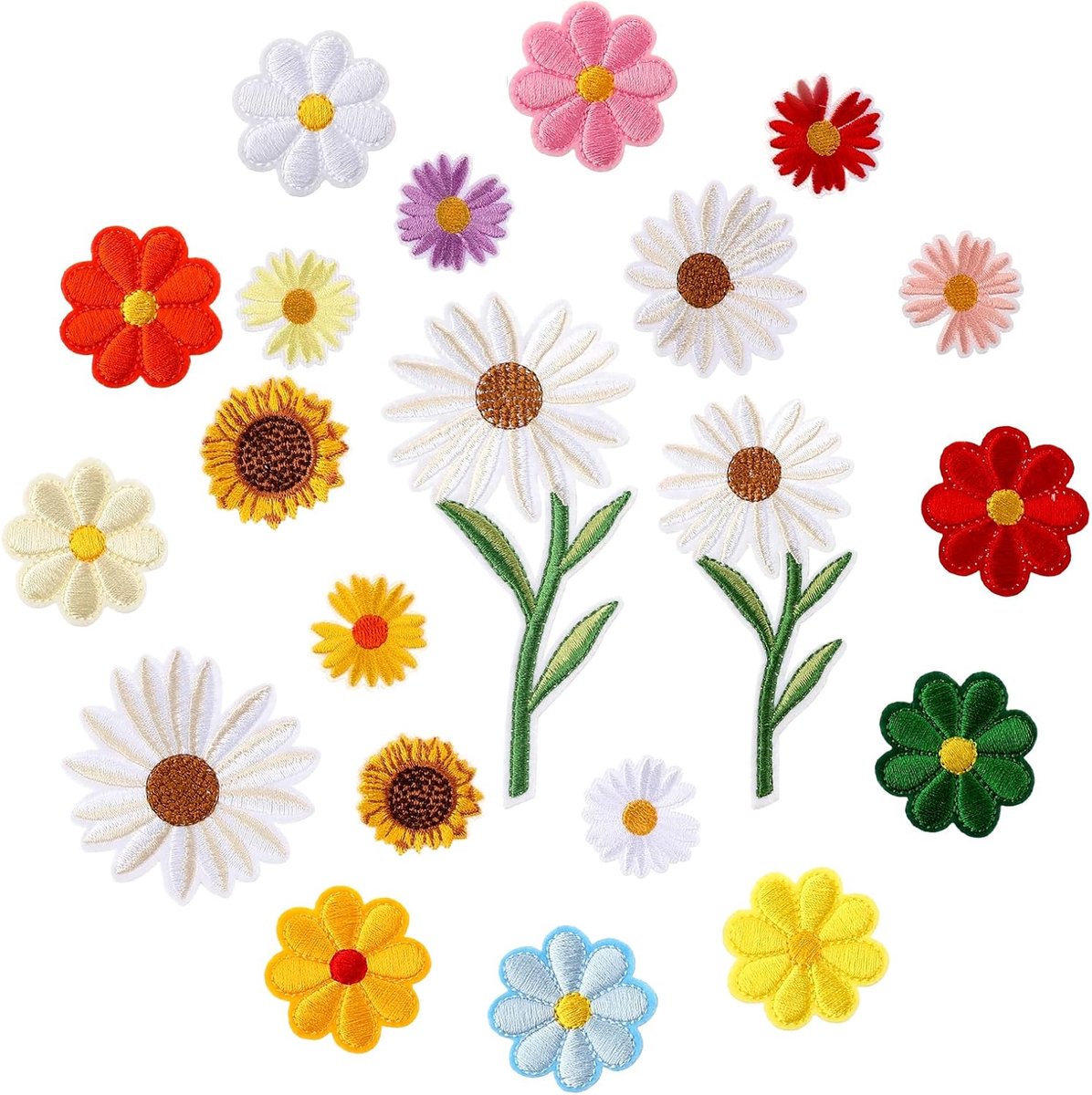 Famanu - Set van 21 zonnebloempatches, geborduurde applicaties voor kleding, jassen of schoenen – Geel