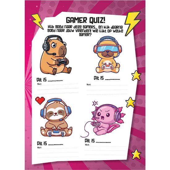 Vier cartoon dieren met koptelefoon, spelend op een console. Capybara, mopshond, luiaard en axolotl.