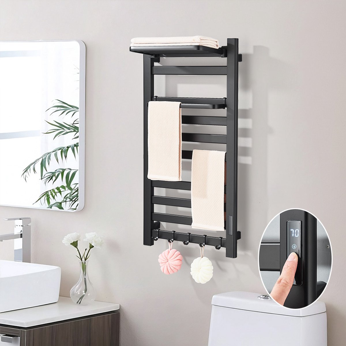 Zwarte Elektrische Handdoekradiator met Display - Smart Handdoekdroger voor Badkamer, Wandmontage