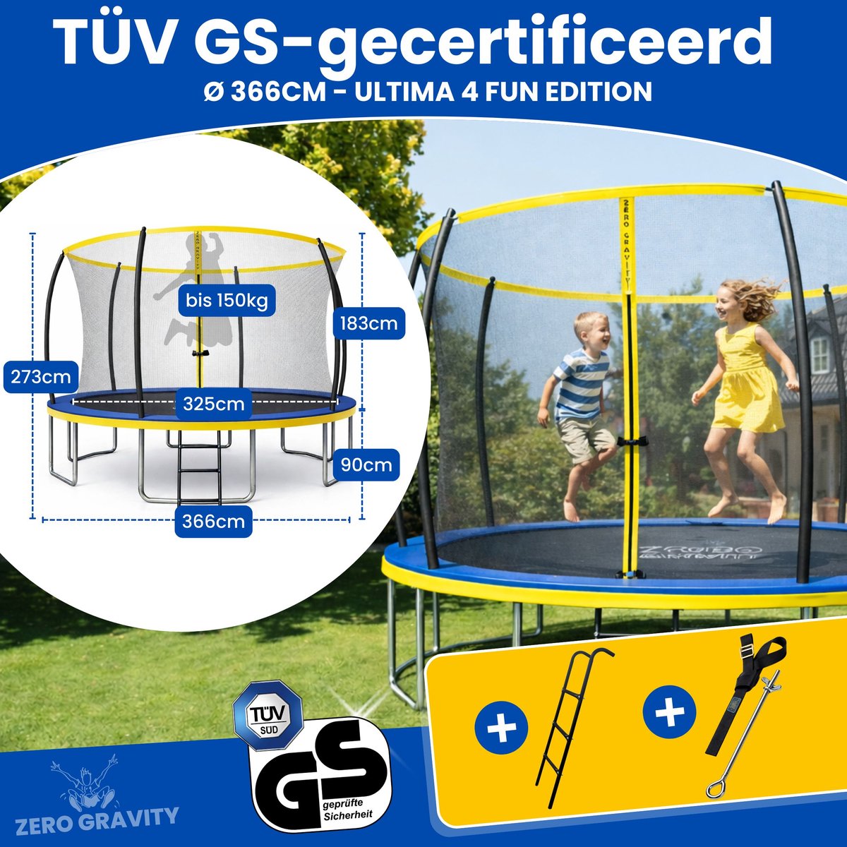 Zero Gravity trampoline Ø 366 cm – kindertrampoline met slim opvouwbaar veiligheidsnet – incl. ladder en grondankers – max. 150 kg - ronde tuintrampoline - Ultima 4 Fun Edition — afbeelding 5