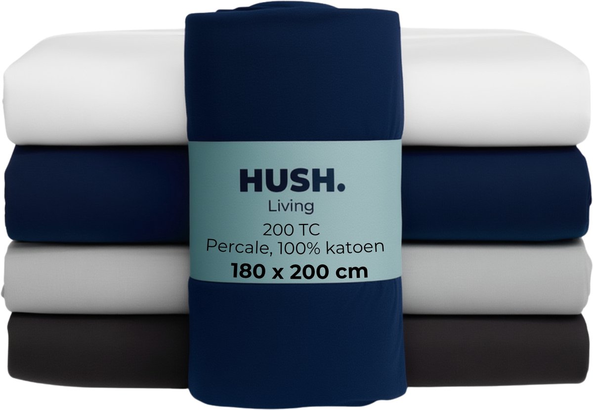 HUSH Living Hoeslaken percale - 100% katoen - 200TC - extra fris en koel - sterk en slijtvast - elastiek rondom - 180x200+30cm - navy