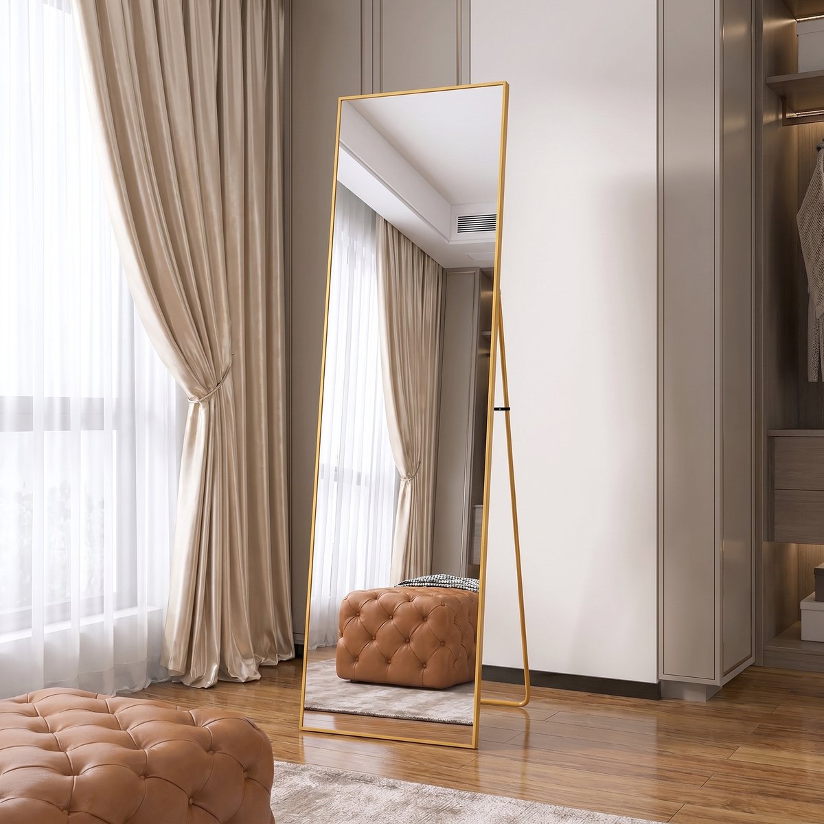 Spiegel van Volledige Lengte 140x40cm, Vrijstaande Spiegel met Eenvoudig Frame, Grote HD-Wandspiegel met Haak, Heldere HD-Glazen Reflectie, Onbreekbaar en Lichtgewicht (Goud, 140x40cm)