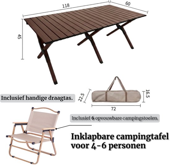 Opvouwbare Kampeerset voor 6 Personen - 120x60x45cm Campingtafel met 6 Stoelen - Roltafel - Kermitstoel - Buiteneettafel - Houtlook / Canvas - Draagbaar - Regisseursstoel - Relaxstoel voor buiten — afbeelding 3