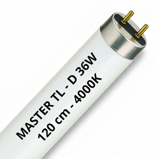Een enkele TL-lamp, MASTER TL-D 36W, 120 cm, 4000K, met twee gouden pinnen aan het uiteinde.