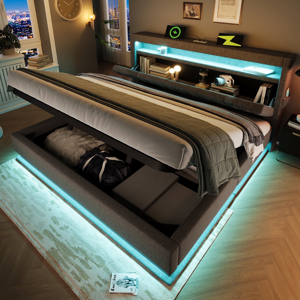 HAUSS SPOLE Gestoffeerd Bed 140x200cm - Met Ladehoofddeel Met USB En Type-C - Hydraulische Opbergruimte Met LED - Linnen - Grijs - Zonder Matras