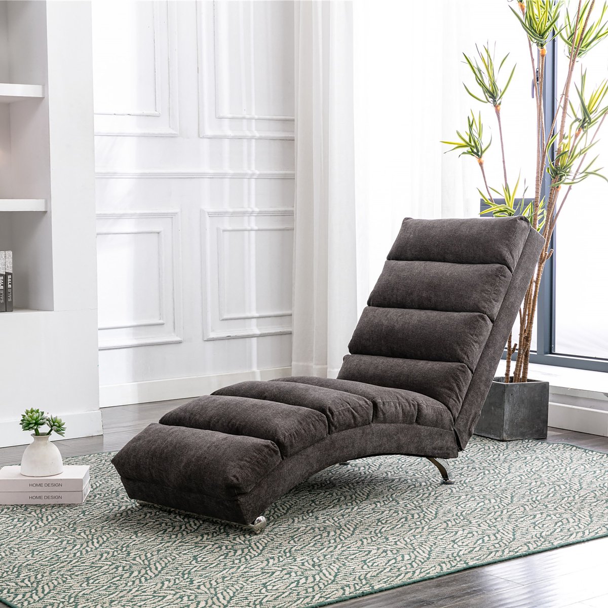 HAUSS SPOLE Chaise Longue - Massagelounge - Vaste Ligbank Met Vibratie & Zijvak - 140° Rugleuning Met Getufte Knopen - 1-Zits, Woonkamer/Kantoor - Linnen Donkergrijs