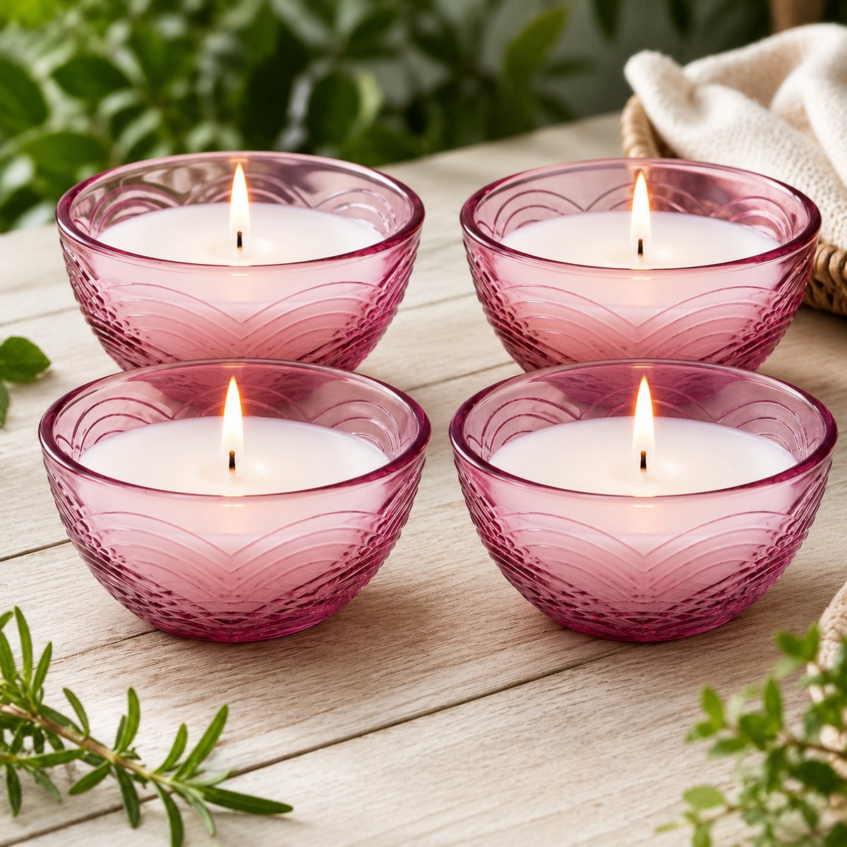 Citronellakaarsen Set van 4 – Roze Glazen Kom 9 x 9 x 5 cm – 110 g Wax per Kaars – 3% Citronella – Brandduur 22-24 uur – Houdt Muggen op Afstand
