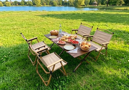Opvouwbare Kampeerset voor 4 Personen - 120x60x45cm Campingtafel met 4 Stoelen - Roltafel - Kermitstoel - Buiteneettafel - Houtlook / Canvas - Draagbaar - Regisseursstoel - Relaxstoel voor buiten — afbeelding 5