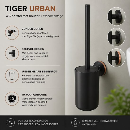 Tiger Urban - WC borstel met houder - Toiletborstel - Wandmontage - Zonder boren - Zwart