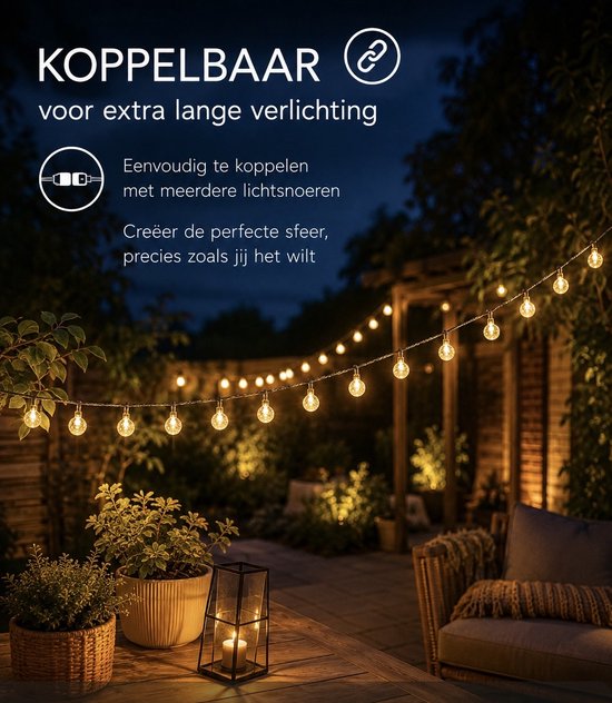 Guirlande lumineuse connectable avec 50 ampoules rondes blanc chaud. Convient pour l'intérieur et l'extérieur.